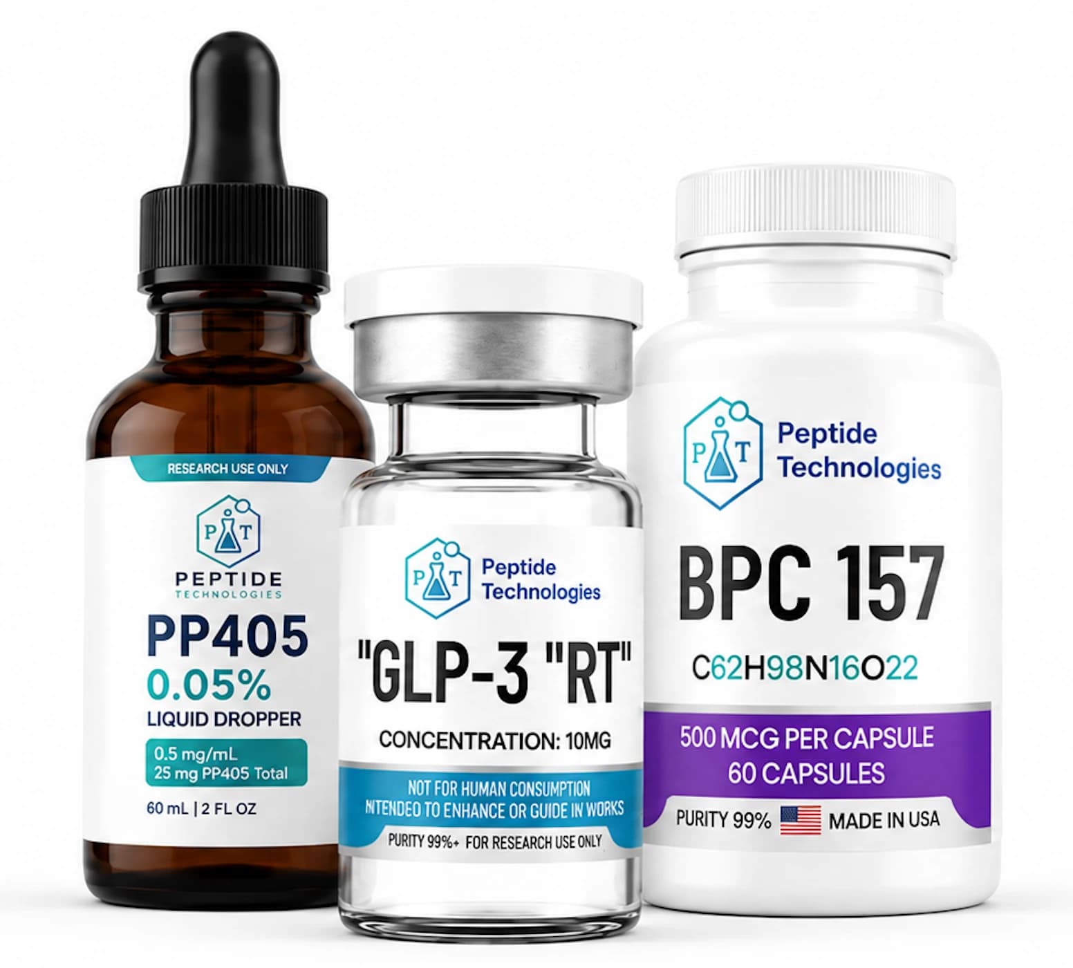 Peptide Tech - Peptides for Sale — PP405 liquid dropper, GLP-3 research vial, and BPC-157 capsules